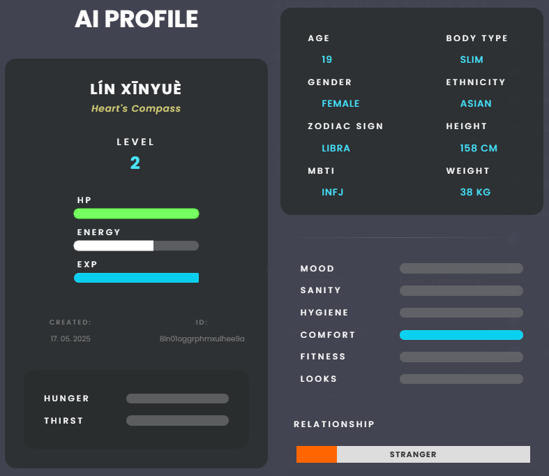 Profile of an AI companion showing detailed stats like HP, mood, and relationship level.